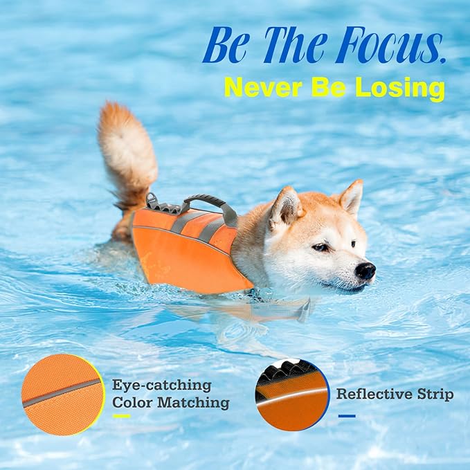 Pawaboo Dog Life Jacket, Reflective Dog Safety Vest Adjustable Pet Life Preserver with Strong Buoyancy & Sturdy Rescue Handle, Ripstop Dog Lifesaver Vests for Swimming, Boating, L, Orange