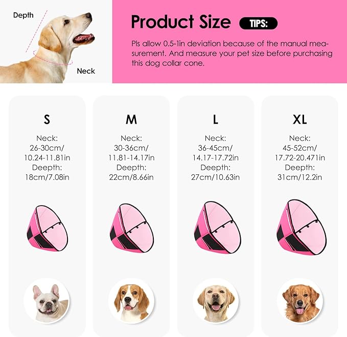 Dog Recovery Collar Cone for Medium Dogs, Adjustable Dog Cone Alternative After Surgery for Dogs to Stop Licking, Breathable Soft Cone for Medium Large Dogs, Pink M