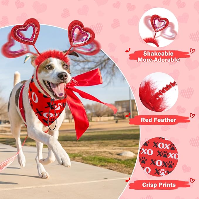 SCENEREAL Dog Outfit/Birthday Bandana with Feather Wing & Heart Headband Dogs Girls Set, Red Puppy Kitty Party Supplies for Small Medium Dogs Cats, Pet Costumes