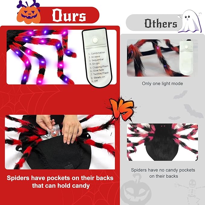 Dog Halloween Costume Large Breed, Furry Dog Spider Costume with 64 LED, Funny Halloween Dogs Costumes for Large Dogs Medium Pet Halloween Party Cosplay (Red)