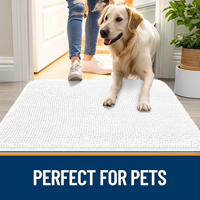 OLANLY Dog Door Mat for Muddy Paws 40x32, Absorbs Moisture and Dirt, Absorbent Non-Slip Washable Doormat, Quick Dry Chenille Mud Mat for Dogs, Entry Indoor Entryway Carpet for Inside Floor, White