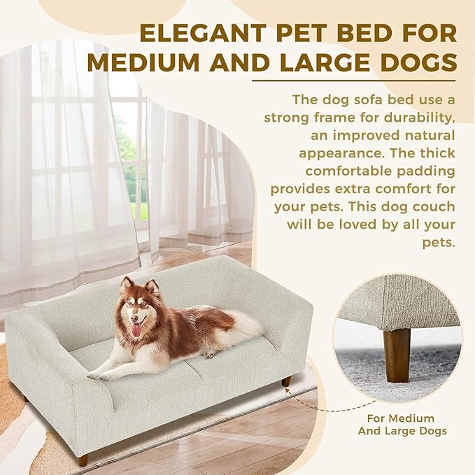 Dog Sofa Couch for Medium to Large Dogs, Memory Foam Dog Sofa Bed, Modern Elevated Pet Couch Bed with Wooden Legs for Medium and Large Dogs, Dark Beige