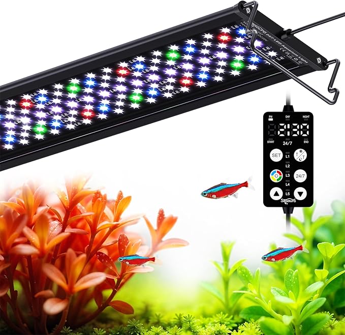 LED Aquarium Light, 24/7 Custom Timer, Power-Off Memory,7-Row LED 12-18in Full Spectrum Fish Tank Light, 8 Colors, 20 Brightness, Day&Night Cycle, Adjustable Mount for Freshwater Plant Growth