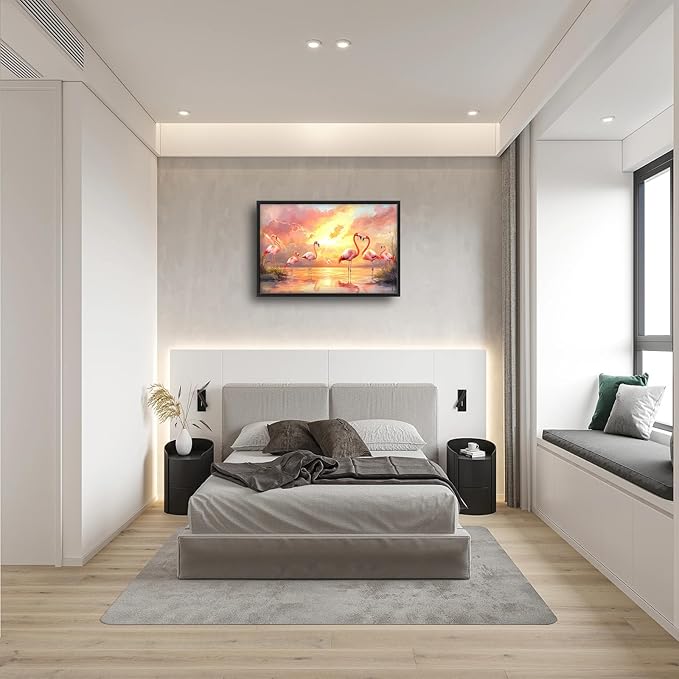 Large Flamingo Wall Art for Living Room, Framed Oversized Sunset Lake Wall Decor Landscape Canvas Painting Pictures Modern Artwork for Living Room Bathroom Bedroom Office Dining Room 36"x24"