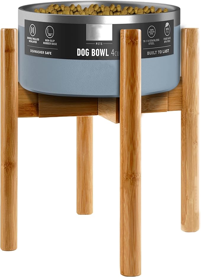 Dog Bowl Stand for Large Breed - 14-inch High, Adjustable Sideways to Fit Various Sizes of Pet Food/Water Bowls, Slow Feeders, and Drink Fountains - Bamboo