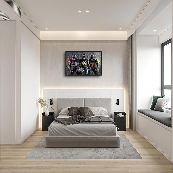 Large Rugby Player Wall Art for Living Room, Framed Oversized Graffiti Sport Wall Decor Cool Canvas Painting Pictures for Men Modern Artwork for Living Room Bathroom Bedroom Office Dining Room 36"x24"