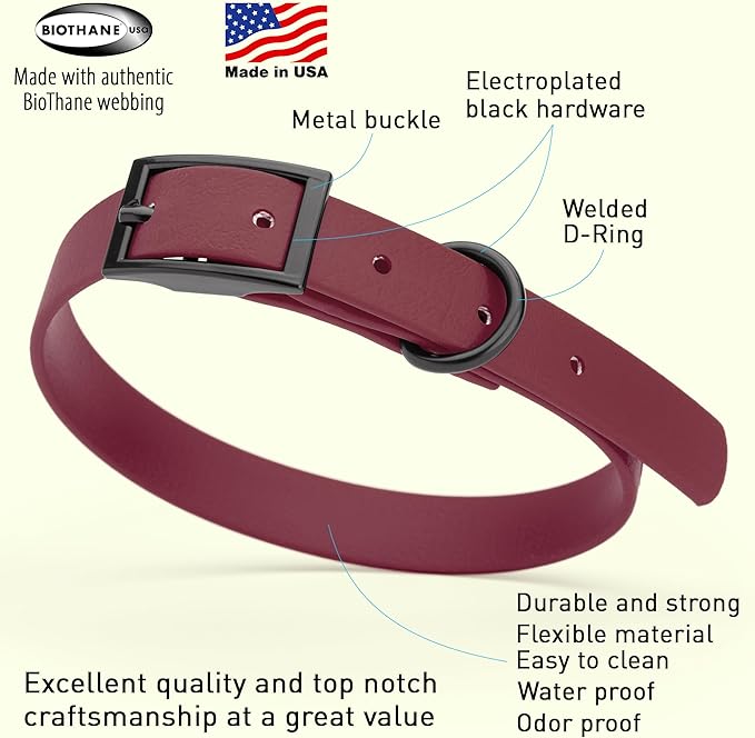 Dogline Biothane Waterproof Dog Collar Strong Coated Nylon Webbing with Black Hardware Odor- Proof for Easy Care Easy to Clean High Performance Fits Small Medium or Large Dogs, Merlot Burgundy