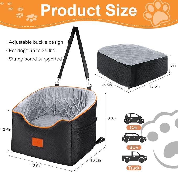 Dog Car Seat for Small Dogs, Memory Foam Booster Dog Seat for Dogs up to 35 lbs, Elevated Pet Car Seat with Washable Removable Cover, Storage Pockets(Black/Gray)