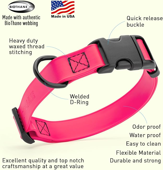 Dogline Biothane Waterproof Dog Collar with Quick Release Buckle Strong Coated Nylon Webbing with Odor- Proof for Easy Care Easy to Clean Fits Small Medium or Large Dogs, Pink 3/4" W 12-19" L