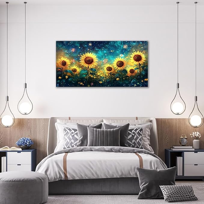 Quorin Sunflower Large Wall Art Starry Night Sky Pictures Sunflower Fields Wall Decor Canvas Print Painting Artwork for Bathroom Living Room Bedroom 30"x60"