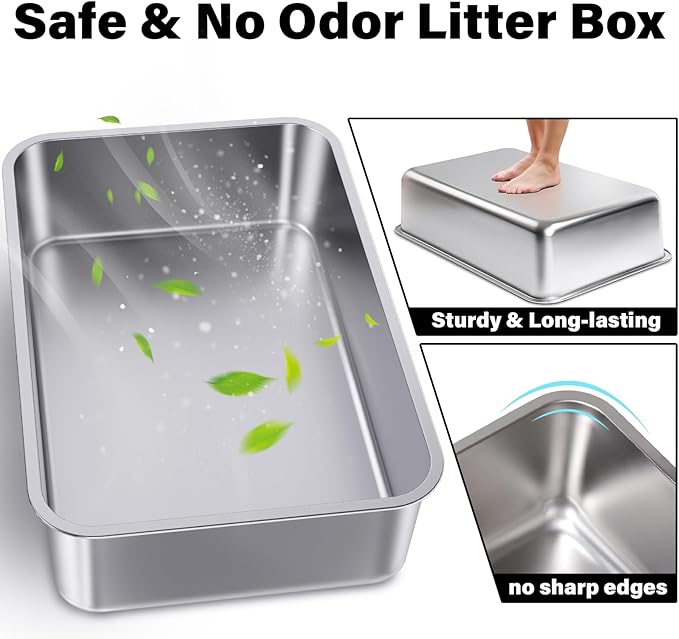 Stainless Steel Litter Box Easy Clean,-Large Metal Litter Box for Cats, High Sided Metal Litters Boxes, No Smell, Non Stick, Odor Proof, Indoor Outdoor