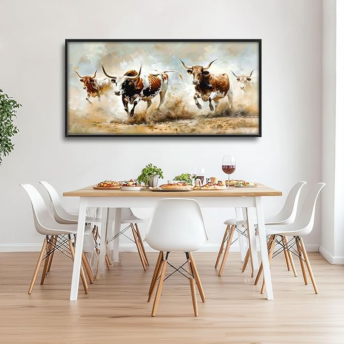 Highland Cow Large Wall Art Wild Animal Running Pictures Farmhouse Rustic Longhorn Wall Decor Canvas Print Painting Artwork for Bathroom Living Room Bedroom 60L" x 30W"