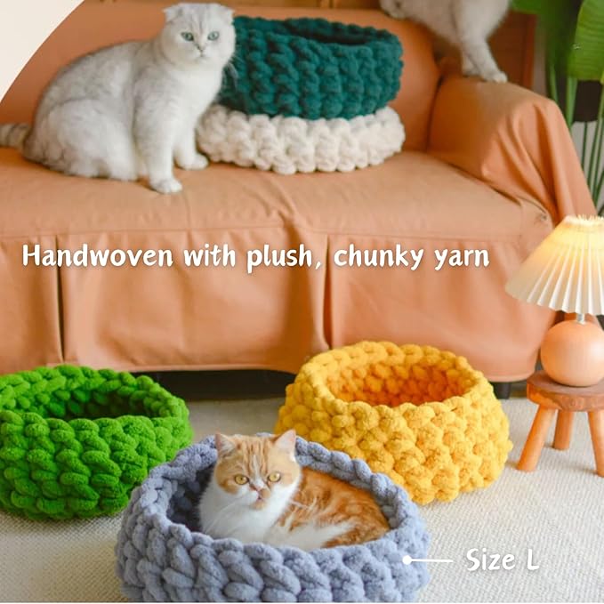 Cat Nest Bed – Premium Handwoven Washable Extra Soft Round Cave House for Indoor Kitten & Kitty, Small & Large (LGreen,Large)