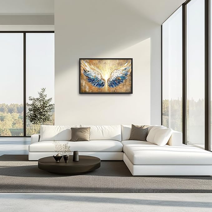 Extra Large Angel Wings Framed Wall Art for Living Room,Oversized Golden Wings Pictures Wall Decor,Holy Gold Blue Canvas Print Painting Modern Artwork Bedroom Office Bathroom 36L" x 24W"