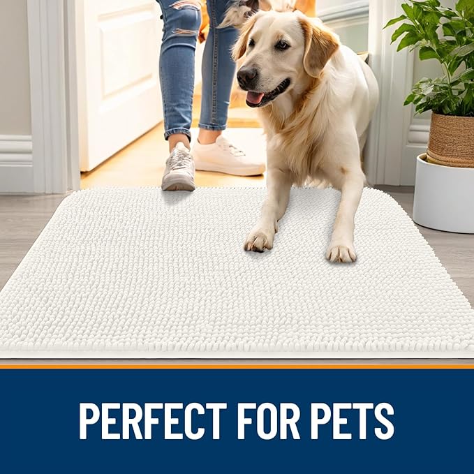 OLANLY Dog Door Mat for Muddy Paws 34x21, Absorbs Moisture and Dirt, Absorbent Non-Slip Washable Doormat, Quick Dry Chenille Mud Mat for Dogs, Entry Indoor Entryway Carpet for Inside Floor, Ivory