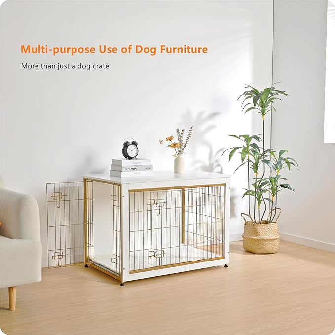 DWANTON Dog Crate Furniture with Cushion, Wooden Kennel Table with Double Doors, Indoor Dog House, Large Size, 38.5" L, White