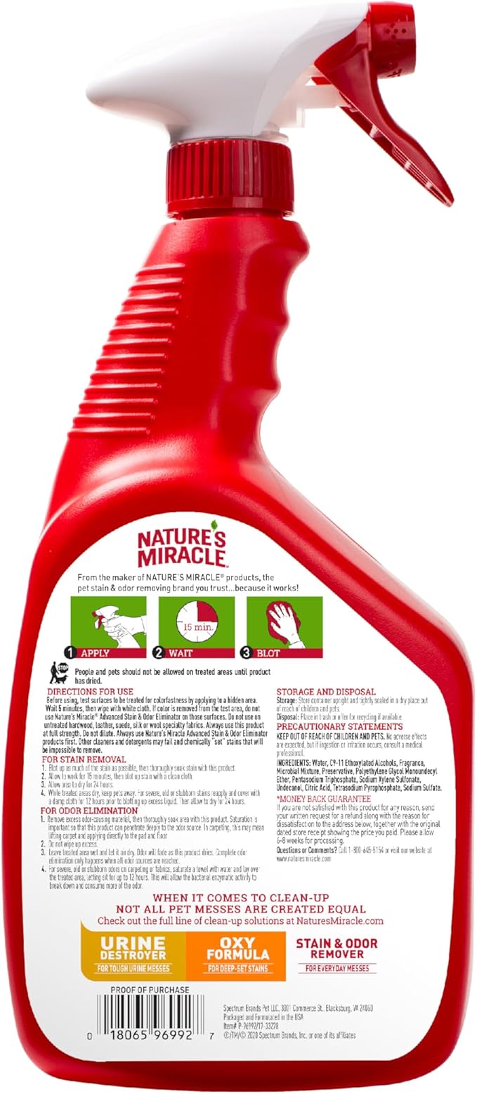 Nature's Miracle Advanced Cat Stain and Odor Eliminator Spray, Severe Mess Enzymatic Formula, 32 fl oz