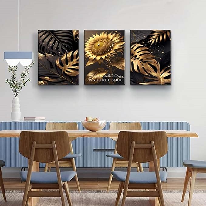 Yxbhhym Bathroom Wall Art Décor Black and Gold Leaf Poster Art Prints Sunflower Canvas Wall Art Paintings Flower Wall Pictures for living room Hallway Décor office Bedroom Decorations