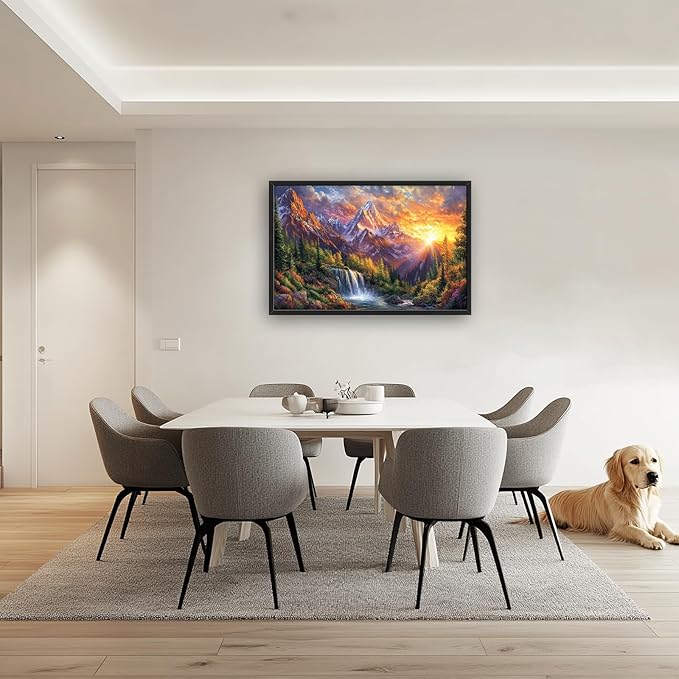 Large Mountain Tree Wall Art for Living Room, Framed Oversized Sunset Waterfall Wall Decor Nature Landscape Canvas Painting Modern Artwork for Living Room Bathroom Bedroom Office Dining Room 36"x24"