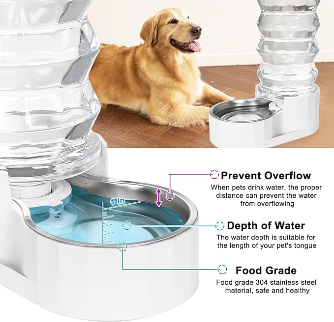 RIZZARI Large Gravity Water Dispenser: 8L Automatic Upgraded Water Feeder with Stainless Steel Bowl - Two Caps and Filters for Pets Indoor/Outdoor Use by Owners