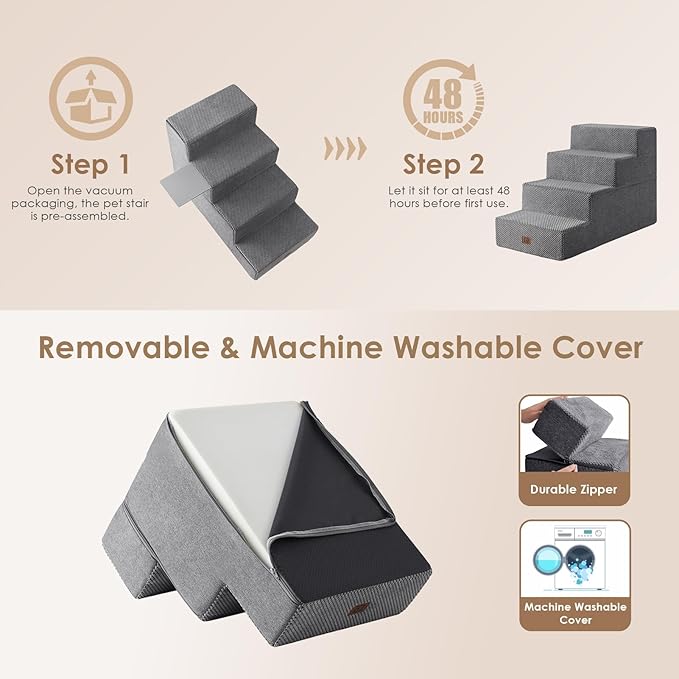 EHEYCIGA Dog Stairs for Bed 20" H, 4-Step Extra Wide Dog Steps for High Bed, Pet Steps for Small Dogs and Cats, Non-Slip Balanced Pet Ramp Indoor, Grey