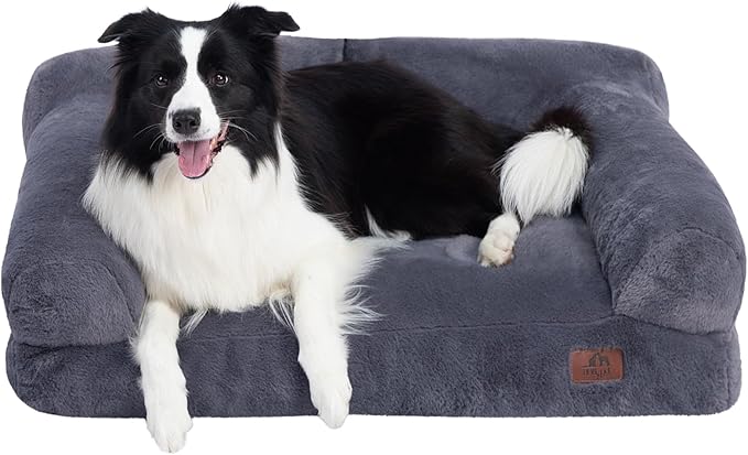 Hollypet Fluffy Plush Pet Sofa Soft Calming Pet Sofa Beds for Medium and Large Dogs, L, Gray