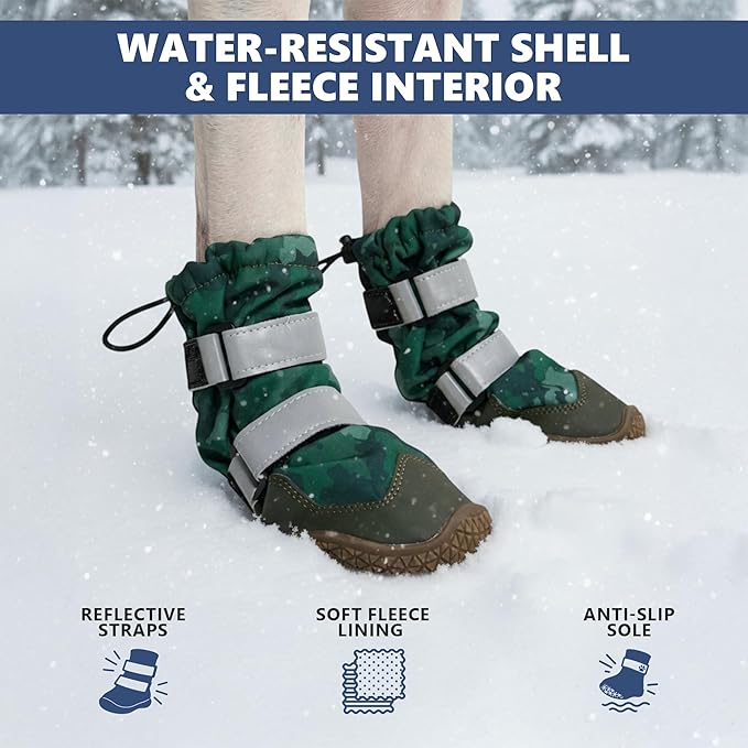 Spark Paws Dog Shoes, Waterproof Dog Boots for Medium to Large Dogs, Non Slip, Breathable Dog Booties and Paw Protectors - 4PCS Doggie Hiking Boots with Reflective Straps, Green Camo, Size 2