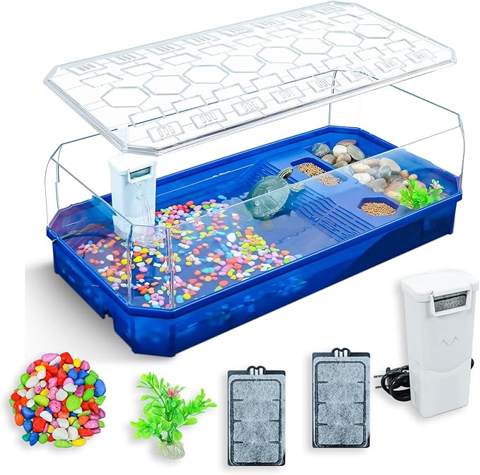 Aquatic Turtle Tank Habitat Kit Stone+Filter+Heat Lamp Enhancing Interaction with 360° Viewing, Standalone Filtration, DIY Creative Zone, Enriched Living (Blue, XL[Without Light])