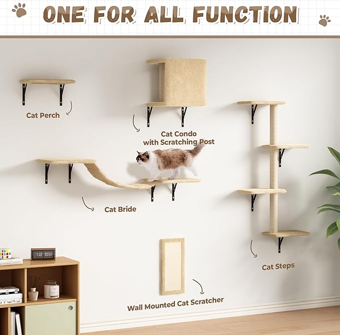 COZIWOW Wall Mounted Cat Furniture, Cat Wall Shelves and Perches, Floating Cat Shelves for Wall Set of 5(Beige)