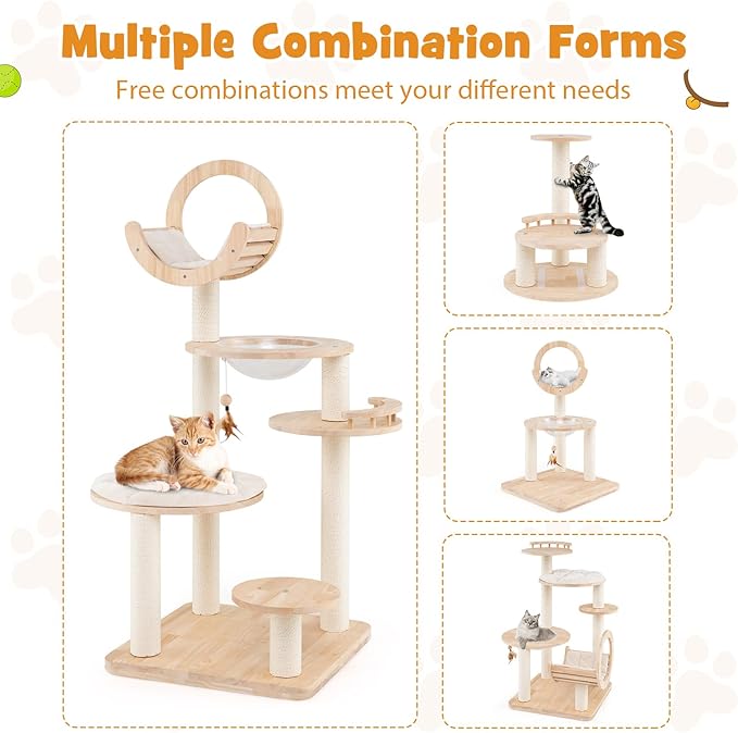Tangkula Solid Wood Cat Tree, 4-in-1 Building Block Large Cat Tower with Space Capsule Nest, Scratching Posts, Padded Platform, Hanging Toy, Cat Tree Tower with 4 Transformations for Indoor Cats