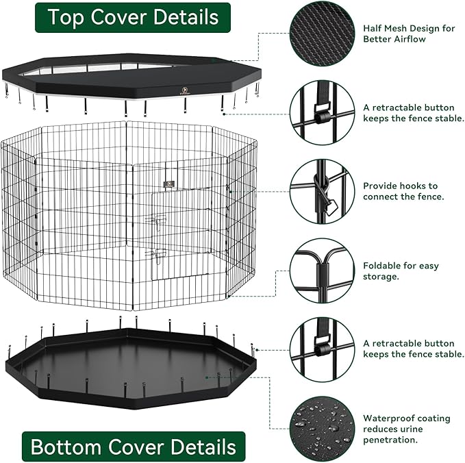 PJYuCien Dog Playpen, 8 Panels 24’’H Dog Pens Indoor with Bottom Pad and Top Cover, Metal Foldable Pet Puppy Exercise Fence Crate Kennel, Better for Small Animals,Black
