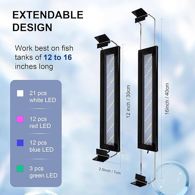 Led Aquarium Light, Full Spectrum Fish Tank Lights, Small 5/10 Gallon Freshwater Fishtank Hood Lighting for Grow Fish, Plants, Adjustable from 12 to 16 Inch