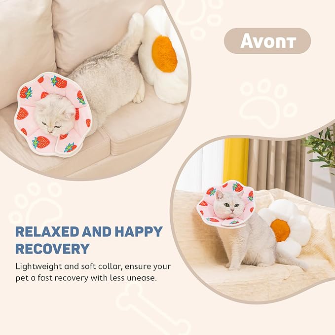 Avont Soft Cat Recovery Cone Collar, Adjustable Lightweight Kitten E-Collar for Small Dogs, Comfortable Neck Donut Stop Licking Scratching After Surgery -Strawberry(S)