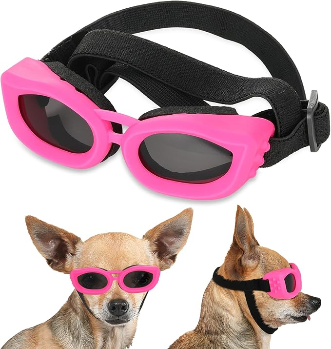 Dog Sunglasses Small Breed, Small Dog Goggles with Adjustable Straps, UV/Wind/Dust/Fog Proof Dog Eye Protection Sunglasses for Outdoor Car Driving Riding, Pink