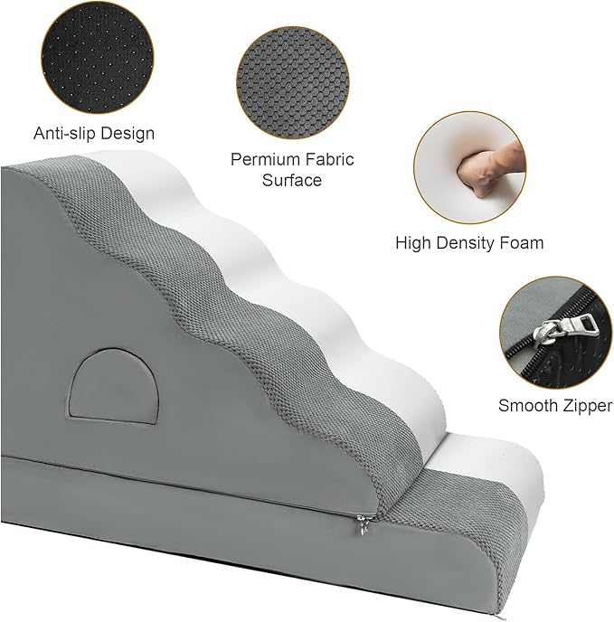 Dog Stairs for Small Dogs 24.6" H, 5-Step Dog Steps for High Bed, High-Density Foam Curved Pet Stairs with Non-Slip Removable Washable Cover to Get on Bed