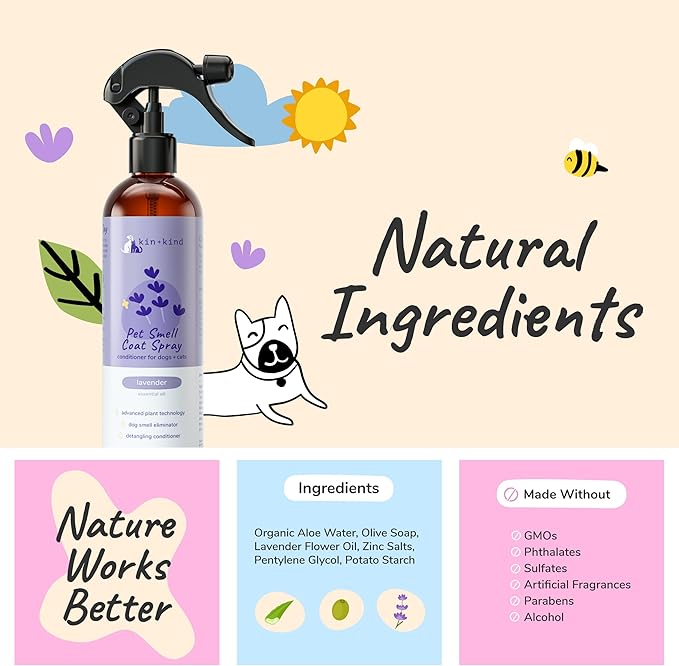 kin+kind Dog Deodorizing Spray - Safe, Natural, & Easy to Use Pet Odor Eliminator, Premium Cat/Dog Detangler Spray Formula Made w/Aloe, Dog Deodorizer for Smelly Dogs/Cats Made in The USA (12 fl oz)