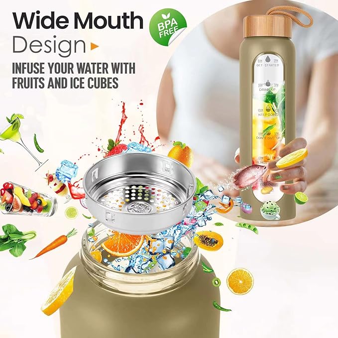 Aqulea Glass Water Bottles with Silicone Sleeve - BPA Free Reusable Wide Mouth Glass Motivational Water Bottles with Fruit Infuser – Leak Proof Borosilicate Water Bottle with Time Marker