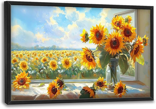 Large Sunflower Wall Art for Living Room, Framed Oversized Flower Field Wall Decor Nature Landscape Canvas Painting Modern Artwork for Living Room Bathroom Bedroom Office Dining Room 36"x24"