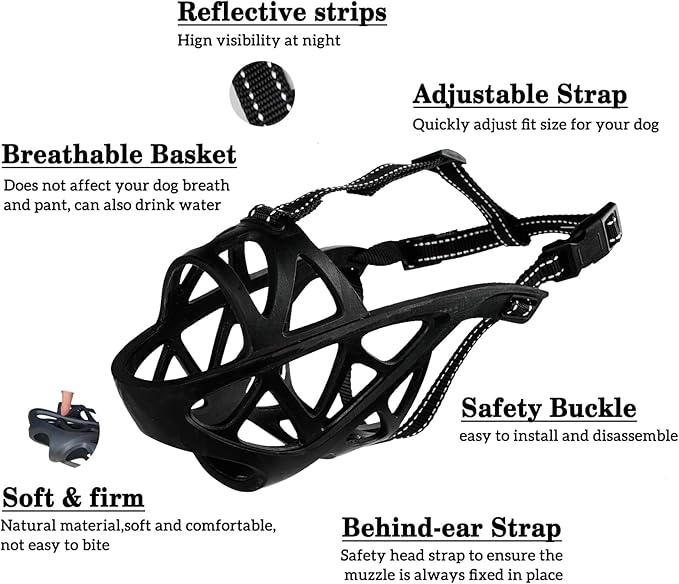 Dog Muzzle, Breathable Basket and Soft Cage Black Dog Mouth Cover,Anti-Biting, Barking and Chewing for Small Medium Large Dogs, 1 Pack Poop Bags for Dogs (XL)