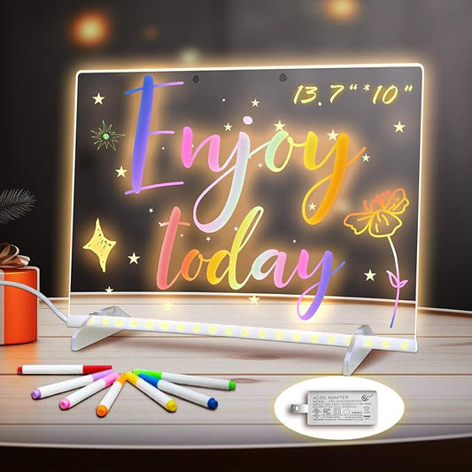 LED Note Board with Colors, 13.7"X10" 4 Modes & 7 Colors Acrylic Dry Erase Board with Light, Include Adapter, Hanging Chain, Led Drawing Board for Kids with Stand, 7 Markers, Spray Bottle