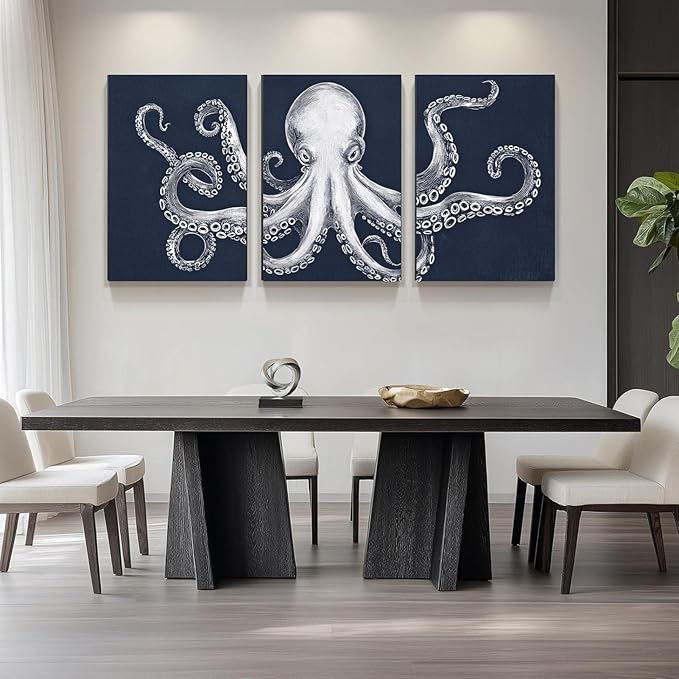 Octopus Wall Decor, Octopus Canvas Wall Art, Ocean Wall Decor,Sea Animal Canvas to Paint for Bathroom, Living Room, Bedroom (16" x 24" x 3 pcs)