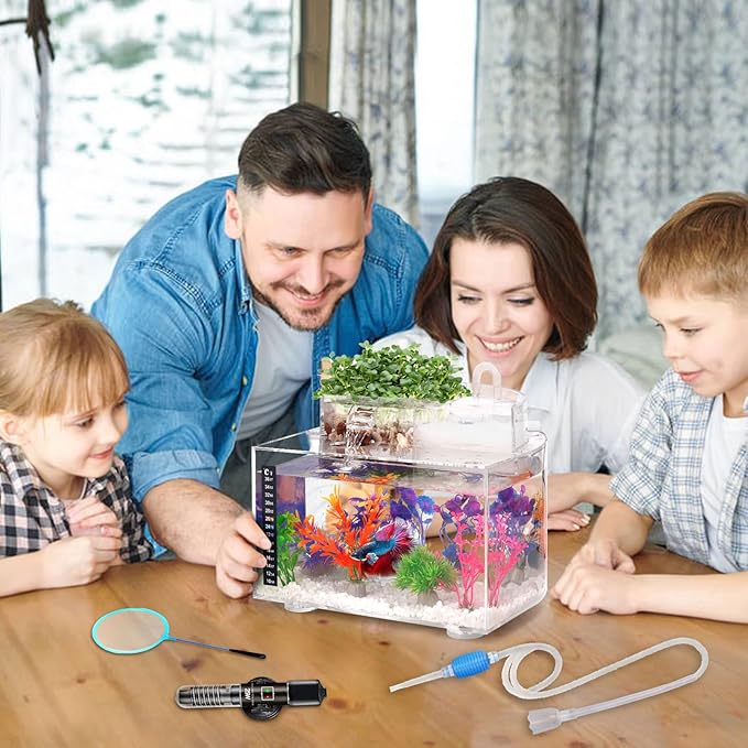 Betta Fish Tank Kit, 2.5 Gallon Aquarium Self-Cleaning with LED Light, Filter, Heater, Decorations and Accessories - Ideal for Hydroponic Growing System and Aquaponics