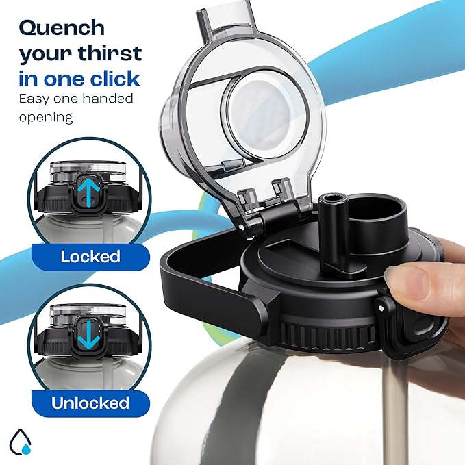 AQUAFIT 128 oz Water Bottle with Time Marker - 2in1 Straw & Chug Lid - BPA Free Big Jug with Straw - Gym Water Bottle with Strap (128 Ounces, Clarity)