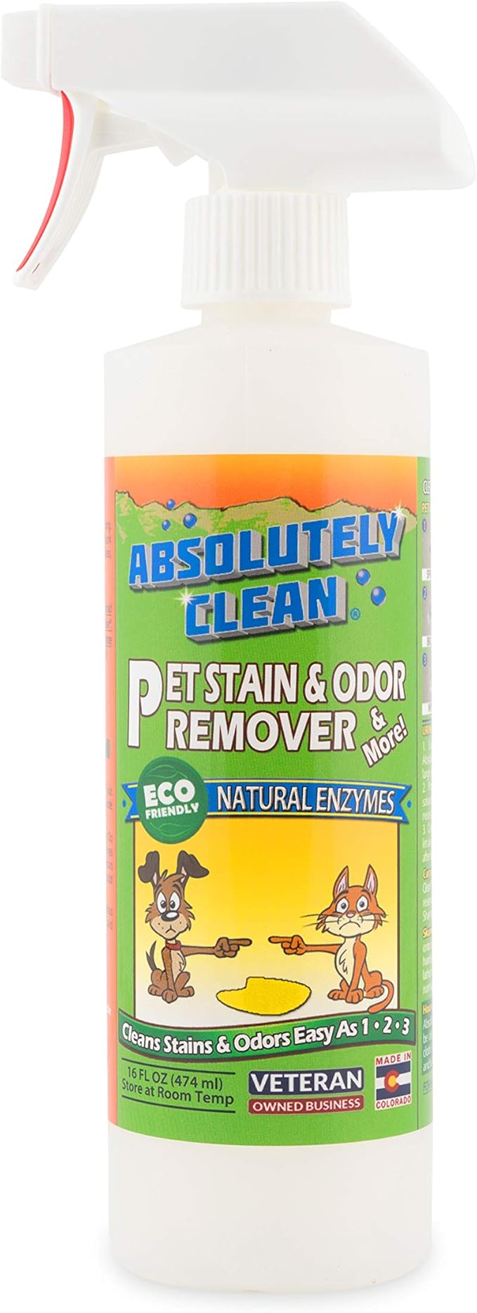 Absolutely Clean Amazing Pet Odor Eliminator for Home, Professional Strength: Natural Enzymes Remove Most Stains in 60 Seconds -Dog/Cat Urine, Vomit, Bile, Feces, Grass, Blood, Drool, More -USA Made