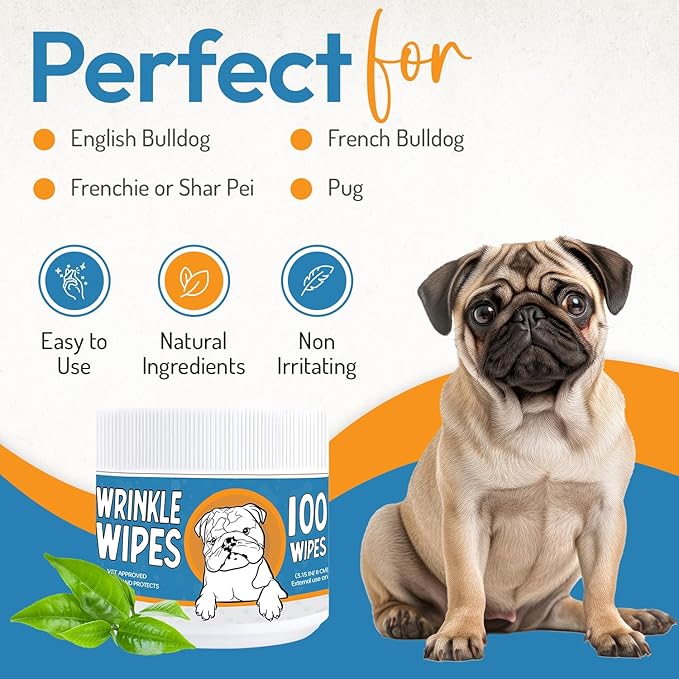 Bulldog Wrinkle Wipes for Dogs – Deodorizing & Soothing with Honeysuckle Extract – Non-Irritating, Cleans Wrinkles, Folds, Paws & Tail Pockets – for Bulldogs, Pugs & Frenchies (100 Count)