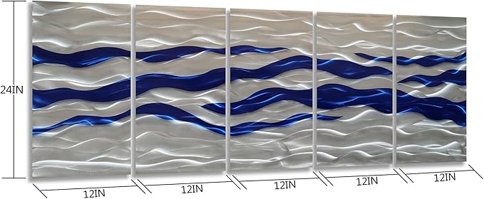 SYGALLERIER Abstract Coastal Metal Wall Art Handcrafted Big 3D Blue and Silver Artwork Modern Sea Waves Pictures Contemporary Sculpture for Living Room Bedroom Bathroom Decor