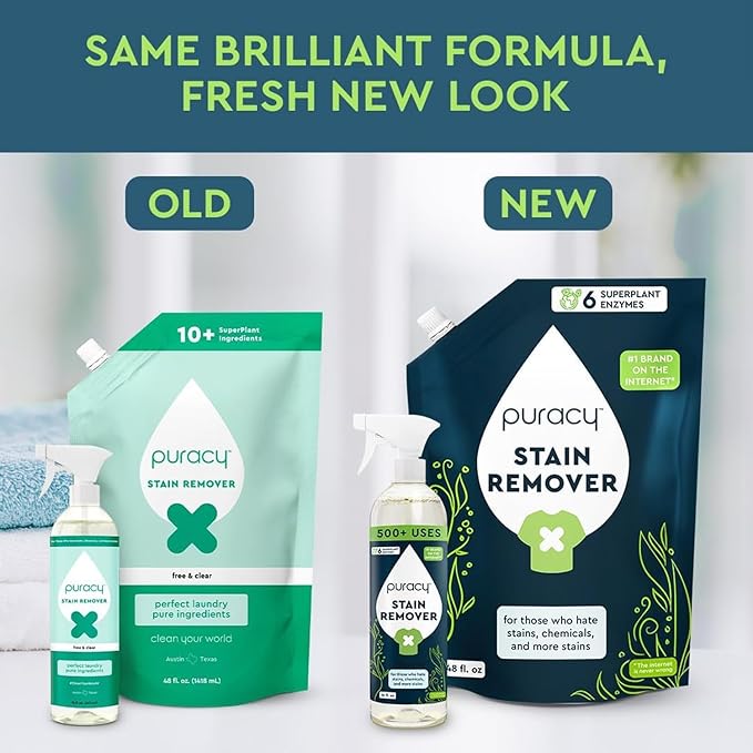 Puracy Stain Remover Cleaning Spray - Enzyme-Powered Stain Removal Spray As Seen on TikTok, Natural Travel Spot Remover for Clothes (Unscented, 48 fl oz + 16 fl oz)