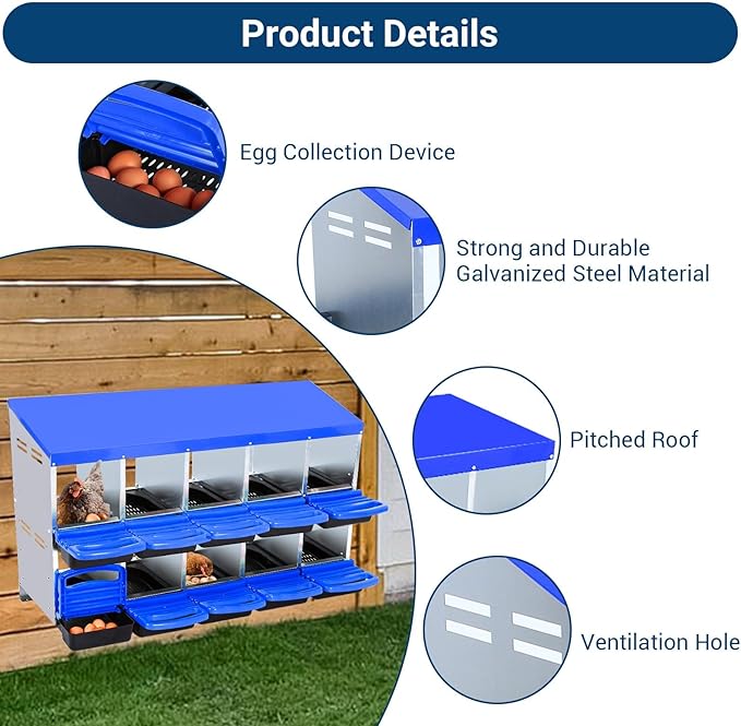 Chicken Nesting Box, 10 Hole 2 Layer Hen Nest Boxes, Roll Away Eggs Laying Boxes,Cleanable Pull Out Hen Roosting Boxes