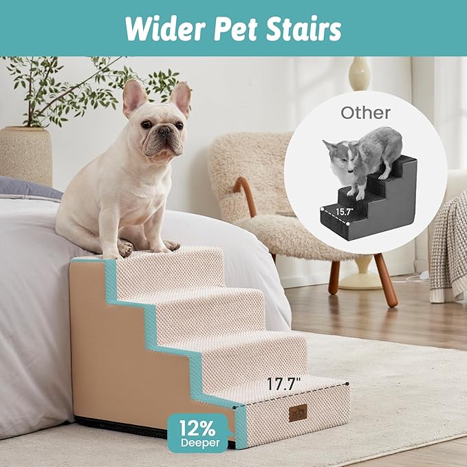 Dog Stairs for Small Dogs, 4 Tier Wider Pet Stairs for Couch and Beds, 17.7" H Non-Slip Dog Steps for Old Cats, Puppy, Small Medium Dogs, 17.7x23.6x17.7 inch, Beige