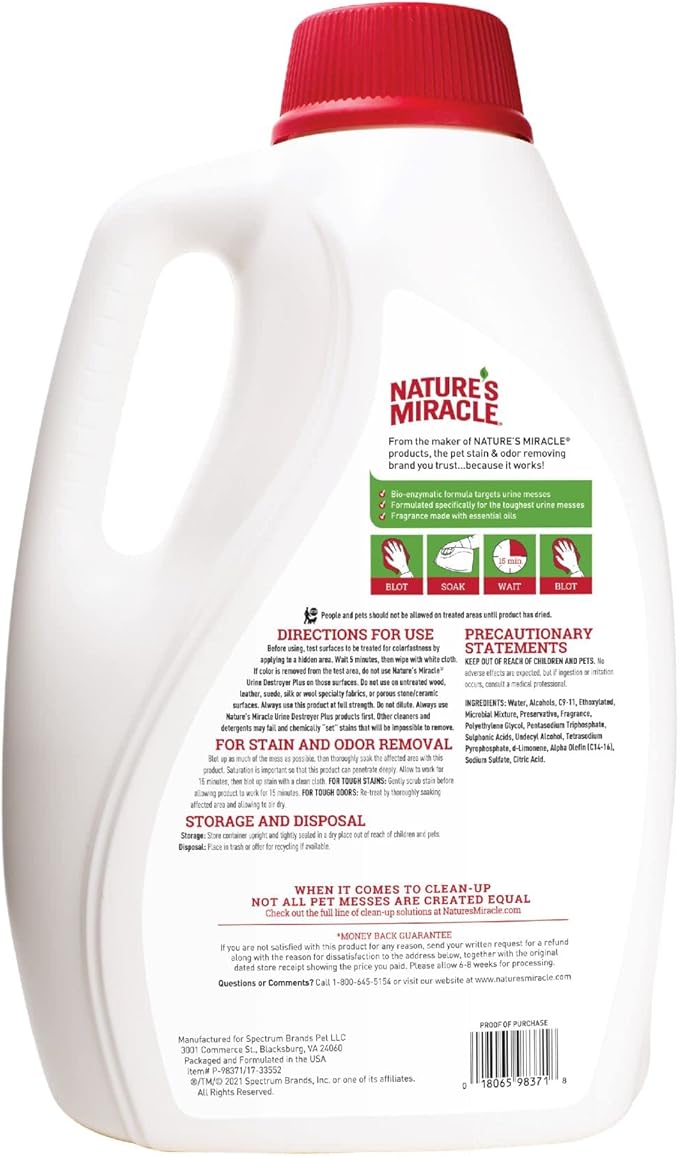 Nature's Miracle Urine Destroyer Plus for Dogs, Enzymatic Formula for Severe Dog Urine Stains, 1 gal